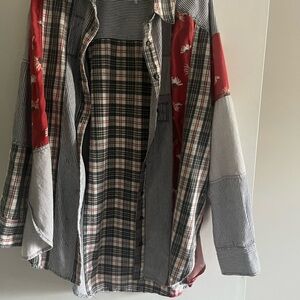 Free People Red and Black Button Down Shirt with Plaid Design